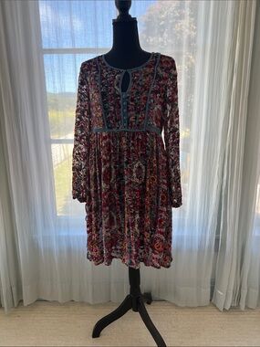Anthropologie Burgundy Floral Long-Sleeve Empire Dress with Teal Trim